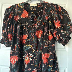 ULLA JOHNSON Dina Floral Silk Short Puff-Sleeve Top in Black